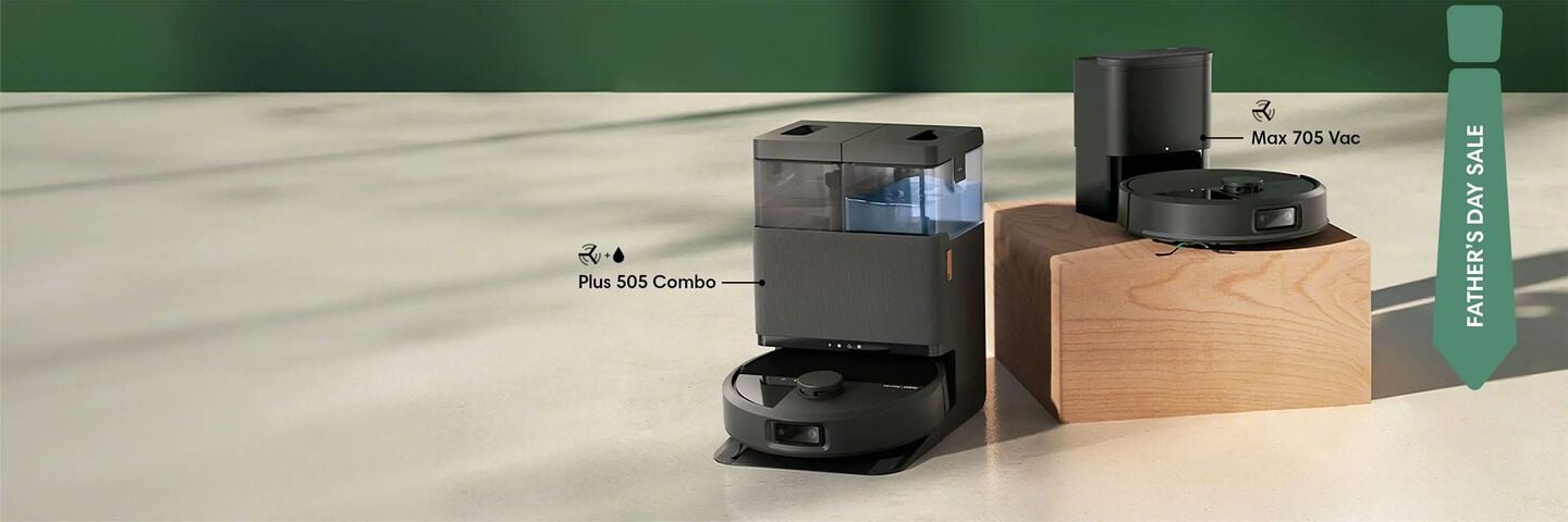 The Roomba 505 Plus Combo sitting next to the Roomba Max 705 Vac on a wooden block.