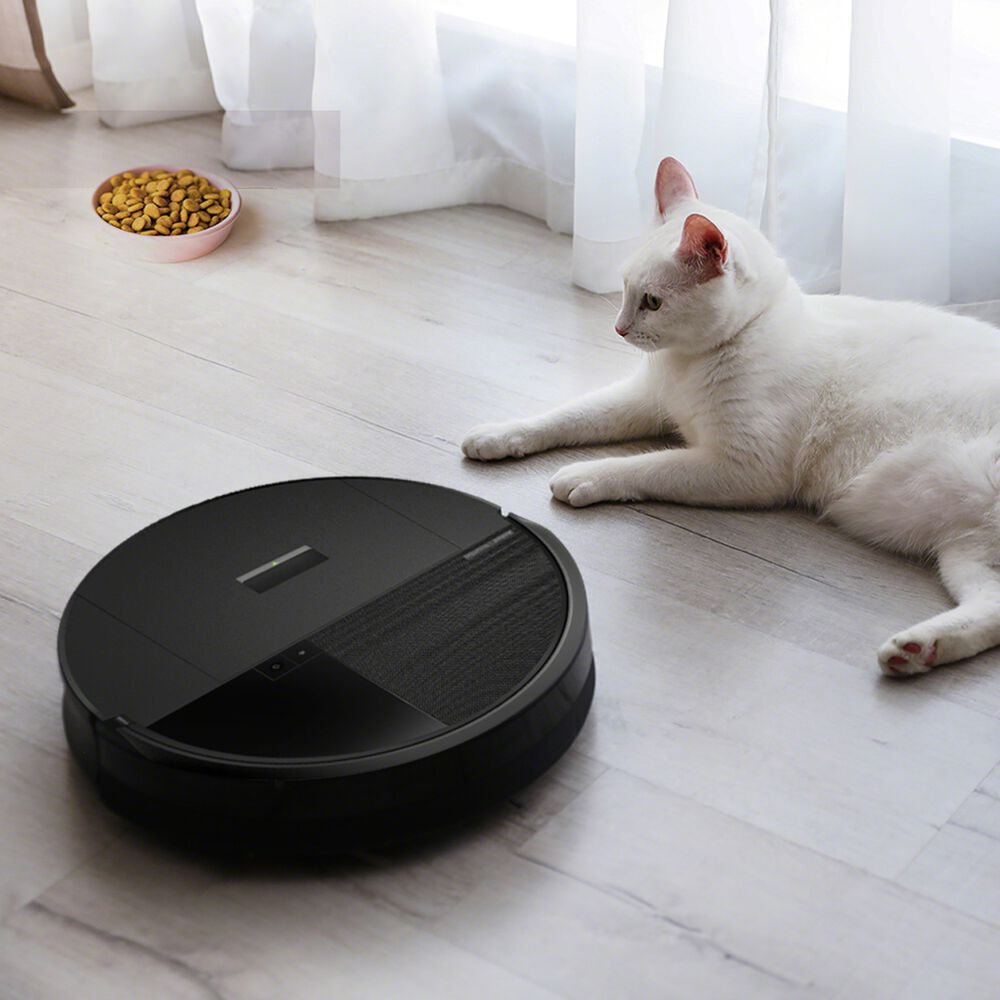 A white short-haired cat laying down undisturbed while Roomba&reg; vacuums around it.